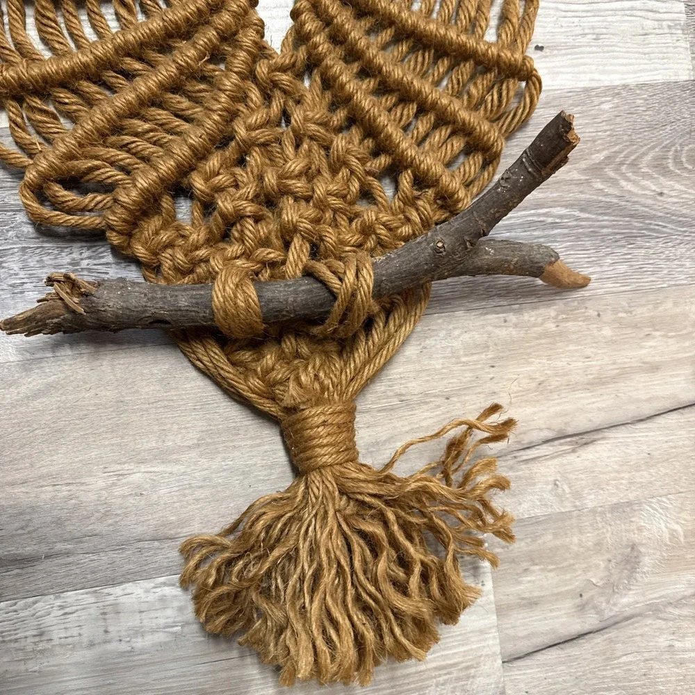 Vintage 1970's Boho Macrame Jute‎ Bead Owl Wall Hanging Decor Folk Art 33